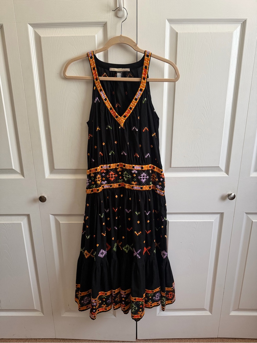 Class Roberto Cavalli Black Maxi Dress with Orange and Multicolor Embroidery